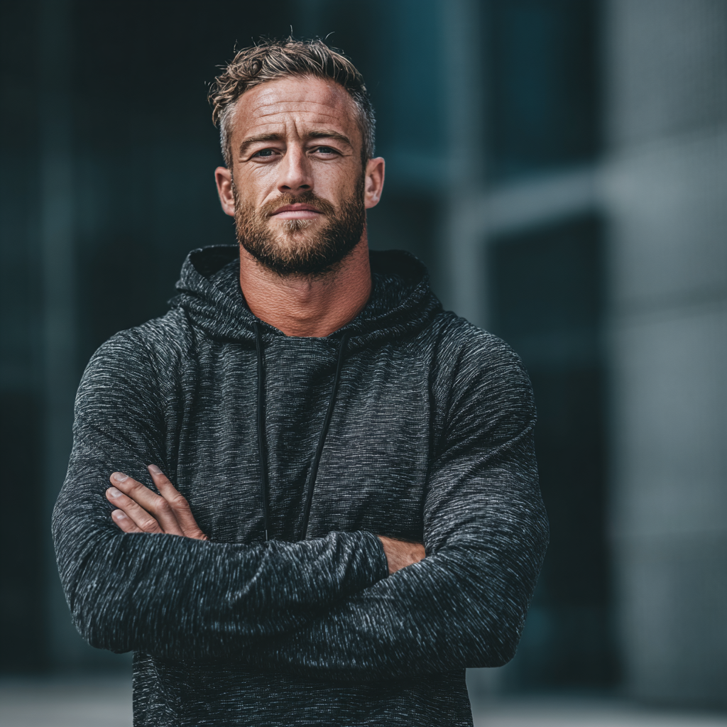 Confident man in athletic wear looking determined and focused, representing personal development and strength